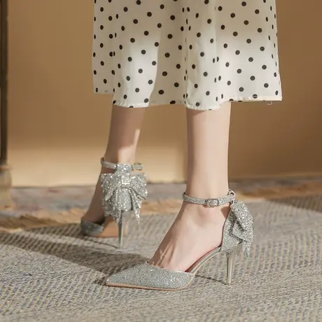 高跟鞋女2023年新款一字带蝴蝶结水钻新娘主纱婚鞋性感细跟礼服鞋图片