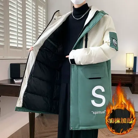 棉衣男中长款修身连帽加厚冬装拼色外套2023新款潮流学生羽绒棉服商品大图