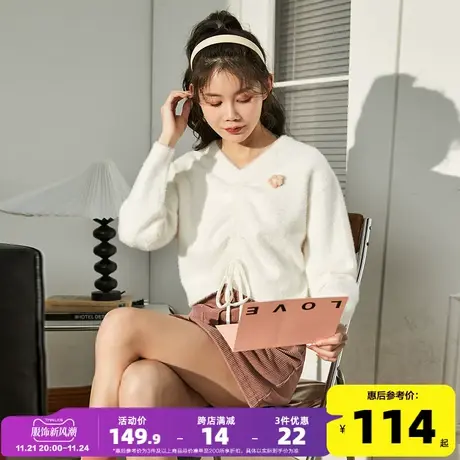 唐狮2023春季新款女毛衣宽松慵懒抽褶针织衫甜美设计感奶系上衣DY图片