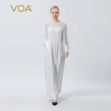 VOA真丝提花白色圆领透视衬衫长袖乔其撞料拼接阔腿桑蚕丝连衣裤图片