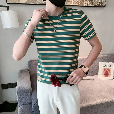 夏季男士t恤短袖半袖条纹体恤薄款网红潮牌潮流个性ins青年体恤图片