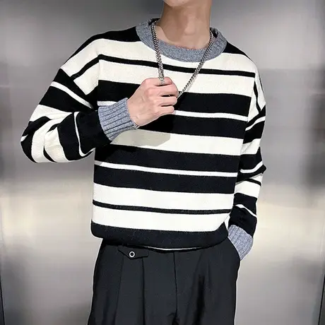 高级感撞色条纹设计毛衣男秋冬2023新款轻熟风潮牌宽松圆领针织衫商品大图