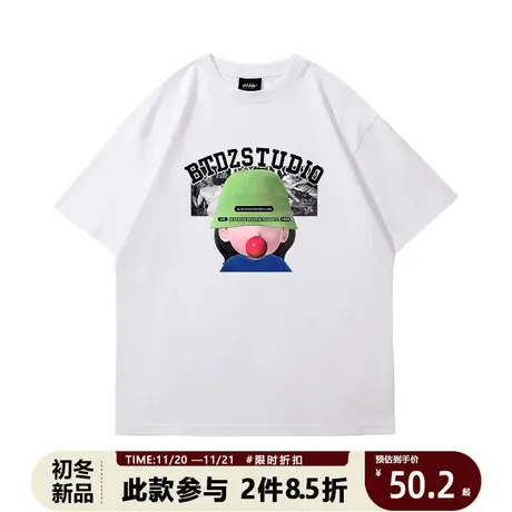 大码落肩短袖潮牌港风吹泡泡的女孩INS风oversize嘻哈全棉五分袖t商品大图