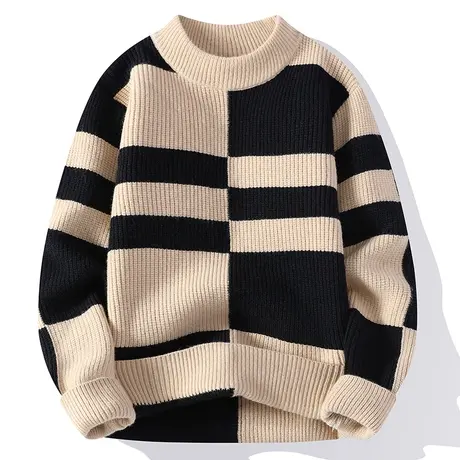 圆领男士毛衣加厚针织衫秋冬季男装保暖百搭羊绒衫打底衫拼色线衣商品大图