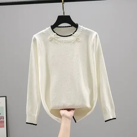 2023秋装新款韩版宽松圆领纯色钉珠套头长袖针织衫女士毛衣打底衫商品大图