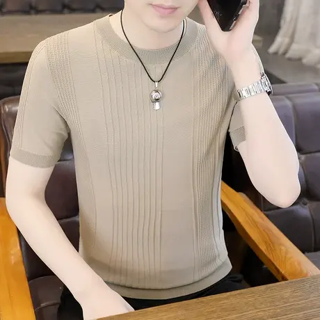 短袖圆领冰丝t恤男士半袖提花针织上衣服夏季潮牌高端休闲体恤衫商品大图