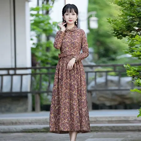 筠雅改良旗袍女新款2023连衣裙春季收腰显瘦复古长袖碎花棉麻裙子图片