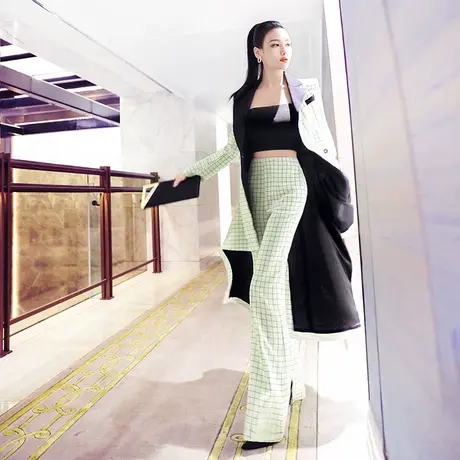 VJE初秋女装时尚垂感微喇叭裤新款修身显瘦格子休闲长裤子图片