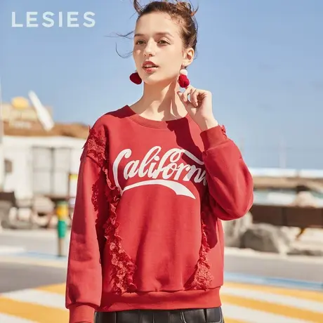 蓝色倾情秋冬季女装 怪味少女卫衣红色圆领套头长袖针织卫衣上衣图片