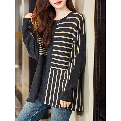宝诗黎圆领蝙蝠袖长袖条纹针织衫2023秋季新款时尚宽松套头毛衣女商品大图