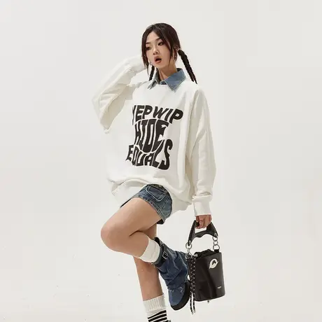 YEP潮牌字母印花圆领卫衣女春秋2024年新款复古宽松无帽上衣图片