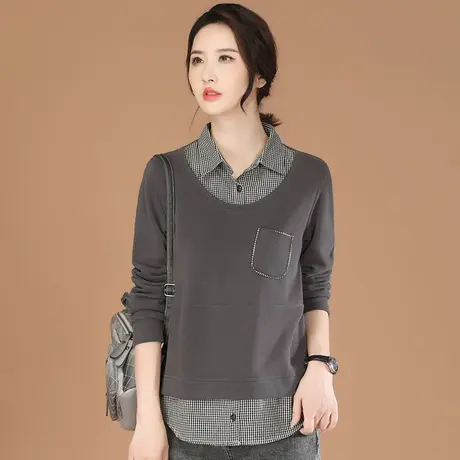 韩潮袭人POLO领假两件格纹长袖卫衣女2024春季新款拼接休闲上衣图片