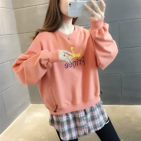 2023秋季新款假两件拼接卫衣女中长款圆领宽松韩版刺绣上衣ins潮商品大图