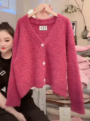 软糯宽松慵懒风V领针织开衫女2023新款韩版显瘦气质百搭短款外套商品大图