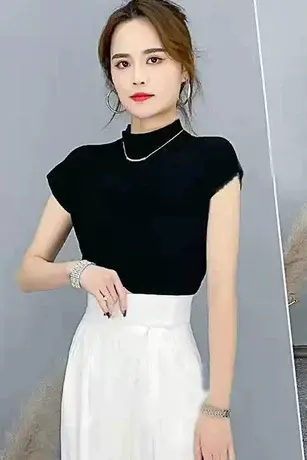 2023春夏季新款半高领T恤女修身百搭短袖内搭上衣纯色针织打底衫商品大图