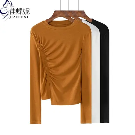 早春韩版修身抽褶纯色长袖百搭体恤驼色显瘦纯棉内搭上衣打底衫女商品大图