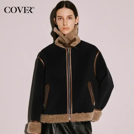 COVER冬季撞色拼接颗粒绒毛呢外套商品大图