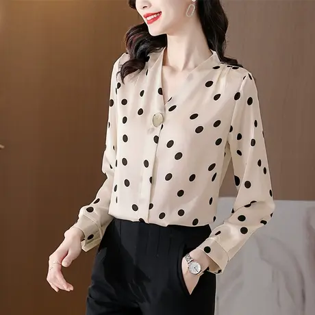 波点雪纺衬衫女2023新款秋装时尚洋气长袖宽松V领气质女衬衣小衫图片