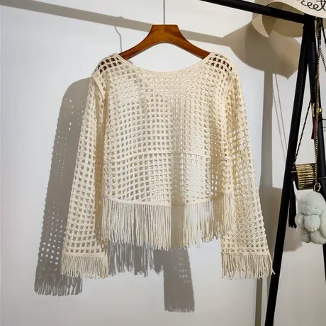 镂空长袖针织罩衫女夏外穿新款宽松百搭设计感小众流苏上衣防晒衫商品大图
