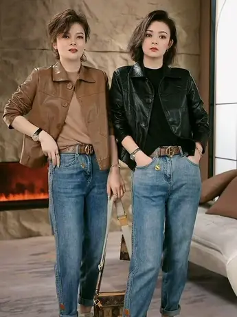 2023春秋季新款翻领时尚洋气皮衣外套女机车复古短款皮夹克上衣潮商品大图