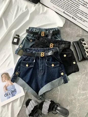 欧货大腰带牛仔短裤女2023春夏新款显瘦百搭网红卷边阔腿a字短裤商品大图