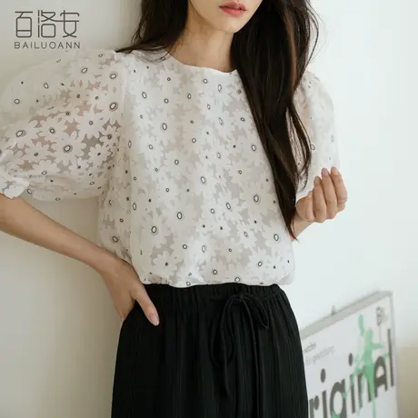 百洛安白色小雏菊衬衫女夏季新款时尚泡泡袖圆领上衣宽松百搭衬衣商品大图