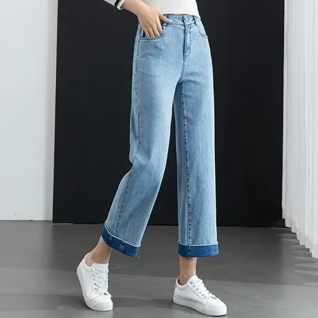 翻边高腰窄版直筒牛仔裤女2023年新款春夏薄款小个子九分裤阔腿裤图片