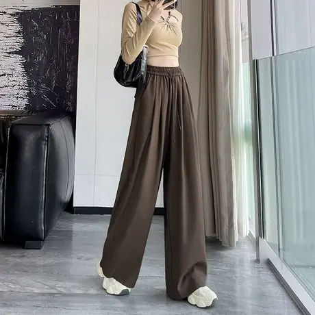 咖色西装裤女春秋2024年新款抽绳松紧腰高腰垂感拖地宽松阔腿裤子商品大图