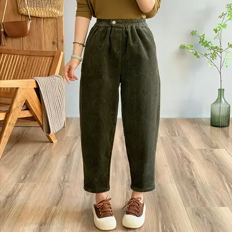 dza 高腰显瘦加厚灯芯绒裤子女冬哈伦裤加绒休闲裤宽松阔腿直筒裤商品大图