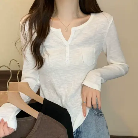 纯欲风v领系扣竹节棉长袖t恤女白色秋冬新款韩版修身不规则上衣短商品大图