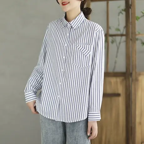 2024年春季新款蓝色条纹长袖衬衫女士小众设计感春秋衬衣打底衫潮图片