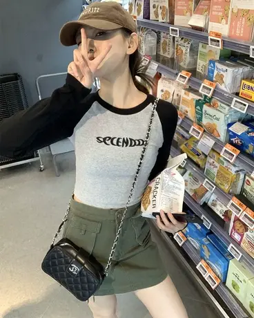 正肩t恤女长袖2024早秋新款撞色内搭打底衫插肩刺绣短款紧身上衣商品大图