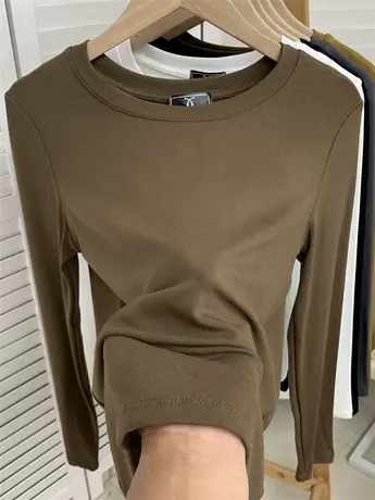 欧货春秋弹力大码内搭圆领长袖打底衫t恤女百搭显瘦修身洋气上衣商品大图