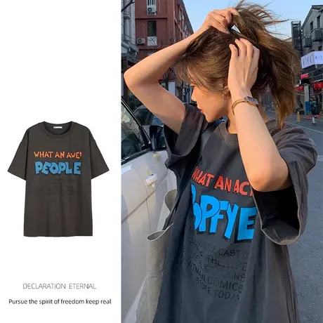 国潮情侣t恤短袖女2022年新款港味复古chic早春女上衣高级感大码图片