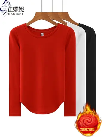 秋冬圆领加绒加厚保暖纯色圆弧纯欲长袖体恤上衣内搭女打底衫红色商品大图