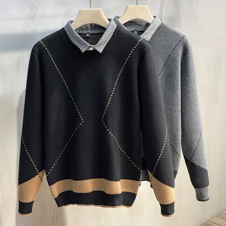 衬衫领毛衣男士冬季20新款上衣假两件加绒加厚秋装潮流打底针织衫商品大图