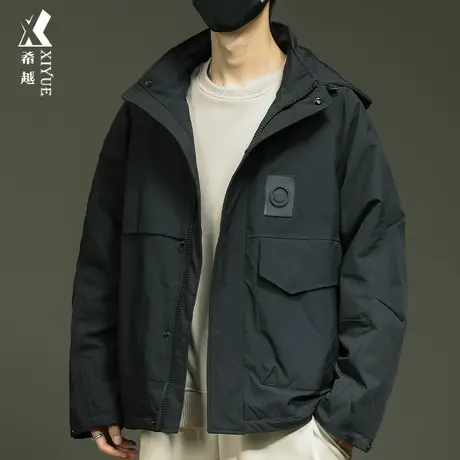 设计感不对称拼接夹克高级感男宽松大码春秋户外防风连帽棉衣外套图片