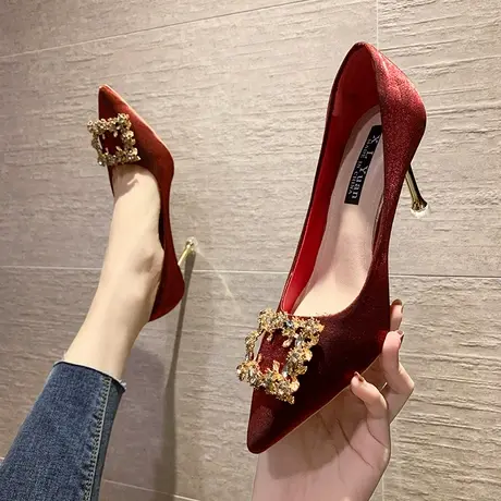 高跟鞋女2022春季新款时尚水钻百搭尖头红色仙女风细跟新娘鞋婚鞋商品大图