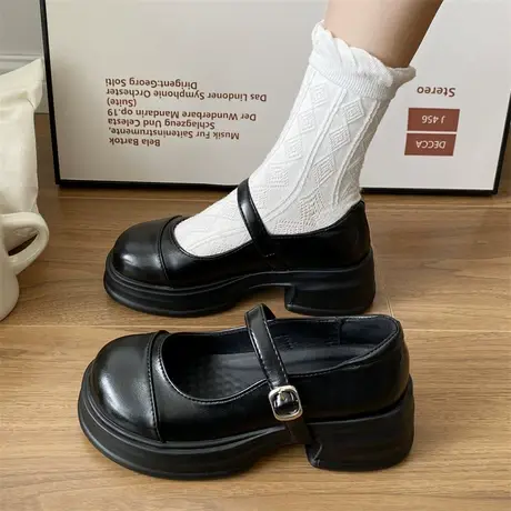 英伦风单鞋女2023新款夏季浅口粗跟增高小皮鞋爆款复古jk玛丽珍鞋商品大图