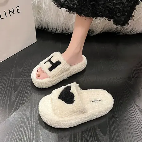 高级感厚底毛毛拖鞋女外穿2024秋冬新款毛绒绒懒人防滑松糕一字拖商品大图