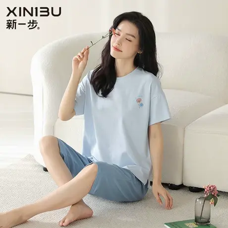 新一步短袖七分裤睡衣女纯棉2024年新款凉感家居服套装薄款可外穿商品大图