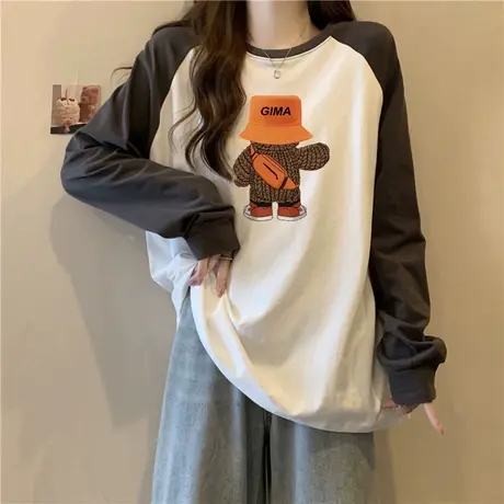 拼接撞色长袖T恤女春秋冬季加绒加厚内搭打底衫德绒插肩袖上衣服商品大图