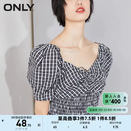ONLY奥莱夏季复古格子泡泡袖设计感短款纯棉衬衫女商品大图