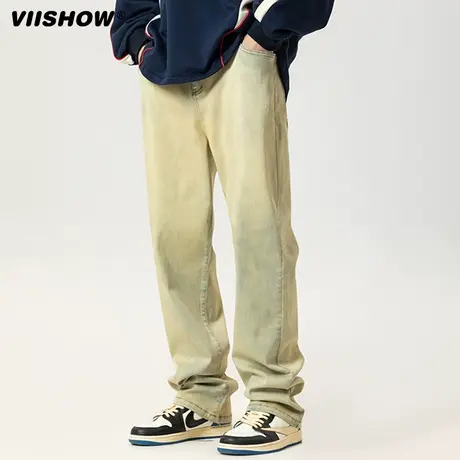 VIISHOW美式潮流牛仔裤男高街宽松直筒长裤微喇水洗做旧冬季裤子商品大图