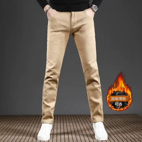 卡其色加绒加厚牛仔裤男款2023新款秋冬季修身小脚弹力潮流裤子男商品大图