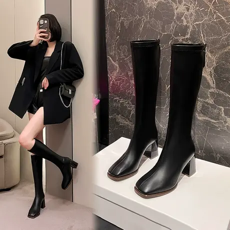 黑色不过膝长靴女2023年新款秋冬方头长筒靴骑士靴粗跟显瘦高筒靴商品大图