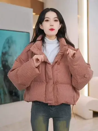 韩版竖条纹白鸭绒外套冬季新款设计感小众立领气质宽松加厚羽绒服商品大图