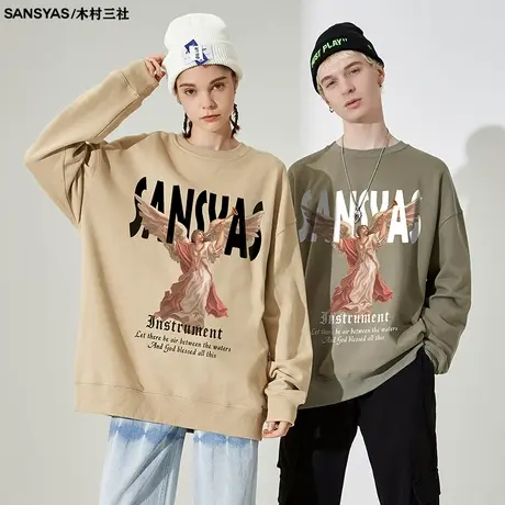 木村三社SANSYAS 天使美式复古纯棉圆领卫衣男2023新款套头上衣商品大图