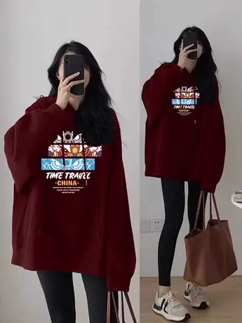 过年龙年喜庆连帽卫衣女冬加绒oversize大码加厚上衣国潮ins酒红商品大图