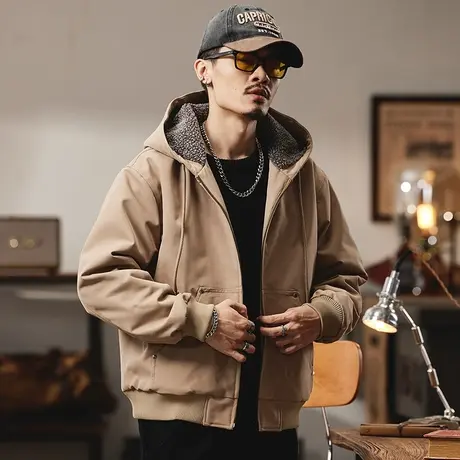 休闲夹克复古加绒夹克外套宽松秋冬新款本布下摆男外套百搭休闲男图片